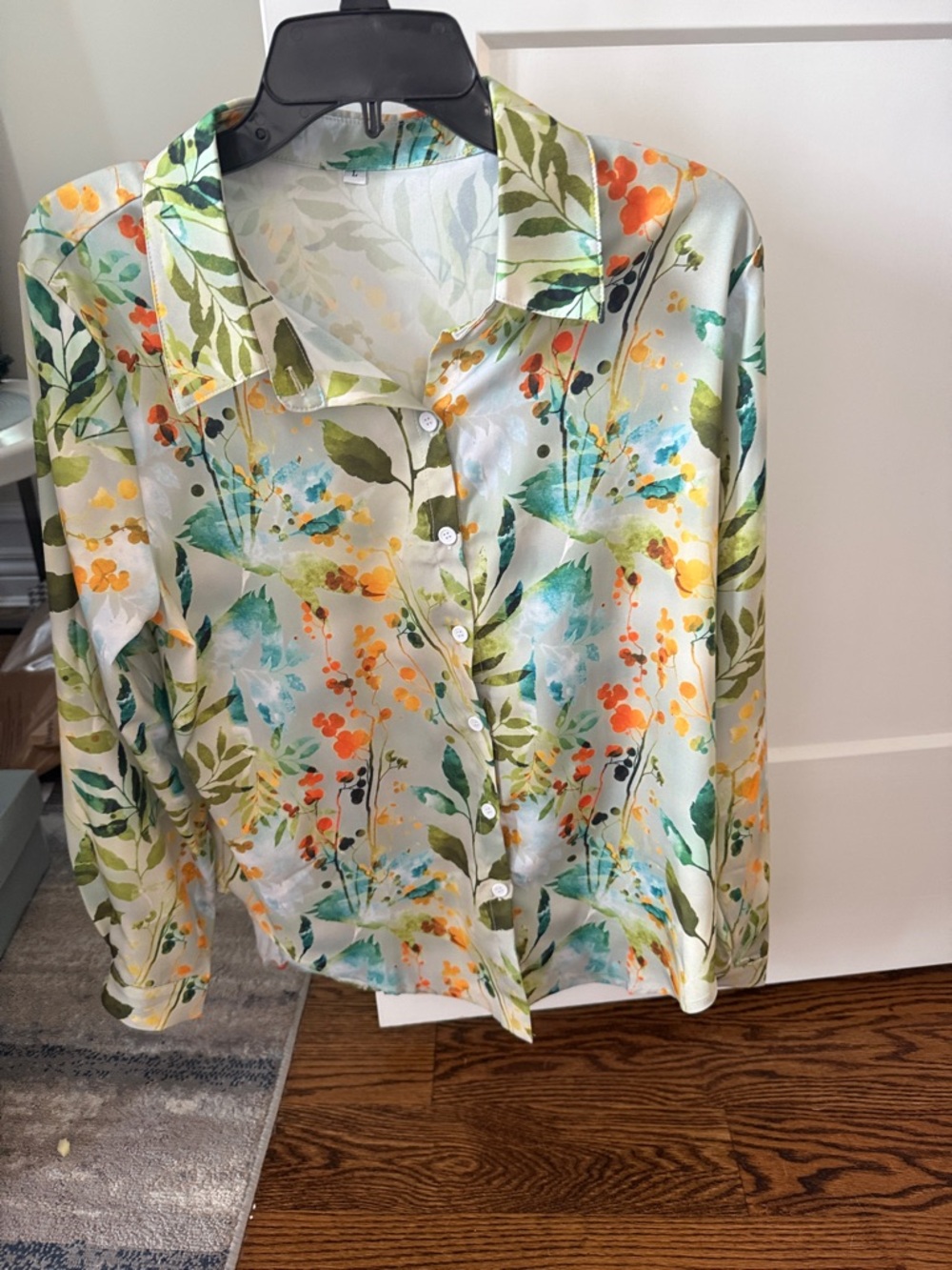 Women's Floral Button-Up Blouse in Light Blue and Green